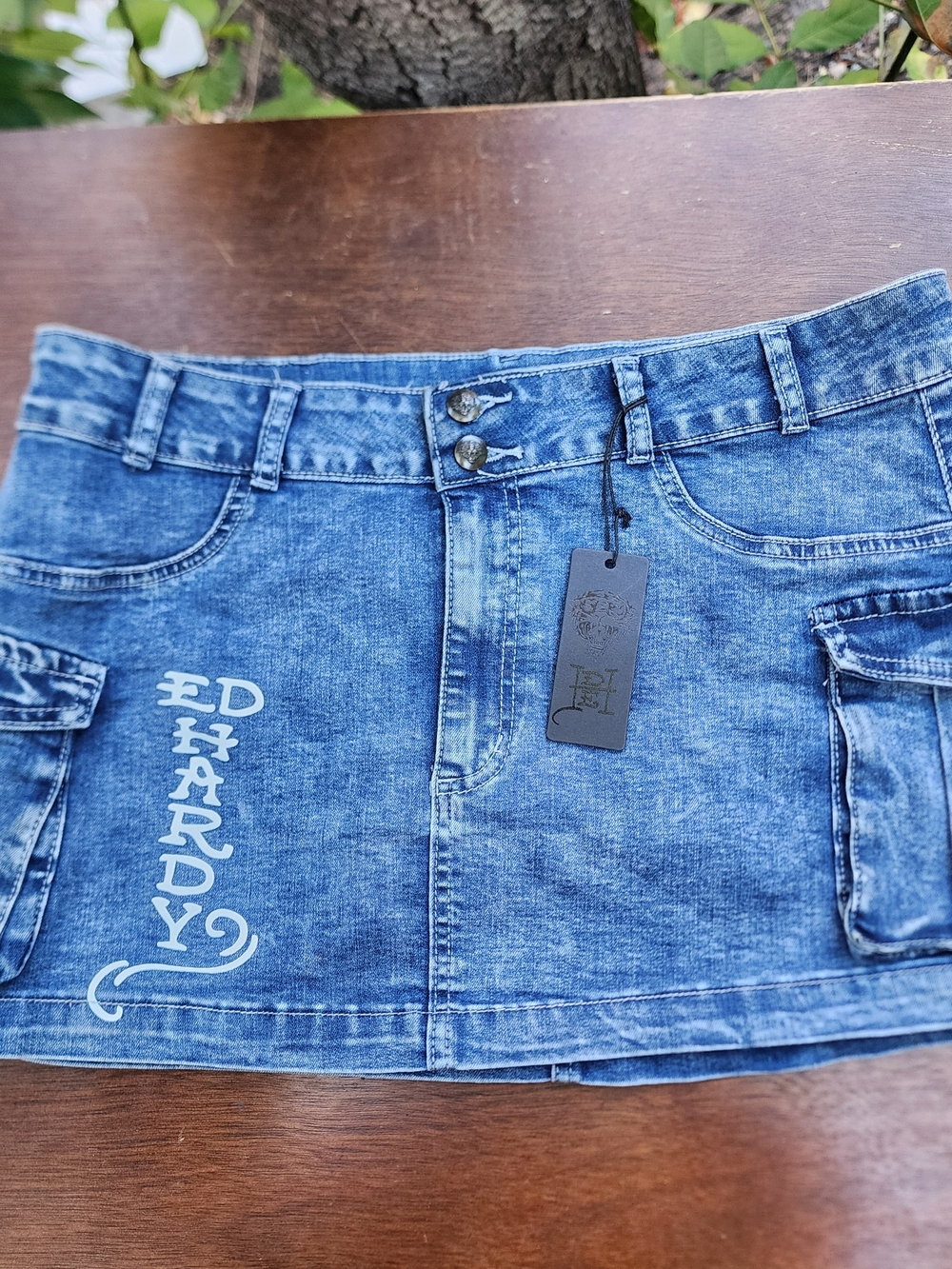 Ed Hardy Heart Dagger Denim Cargo Mini Skirt Light Wash Sz 32